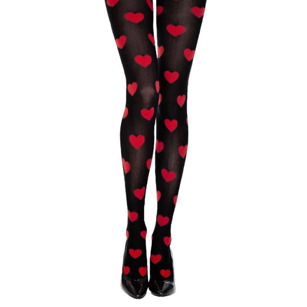 MUSIC LEGS SPANDEX SHEER PANTYHOSE WITH RED HEARTS PRINT O/S - BRAND NEW